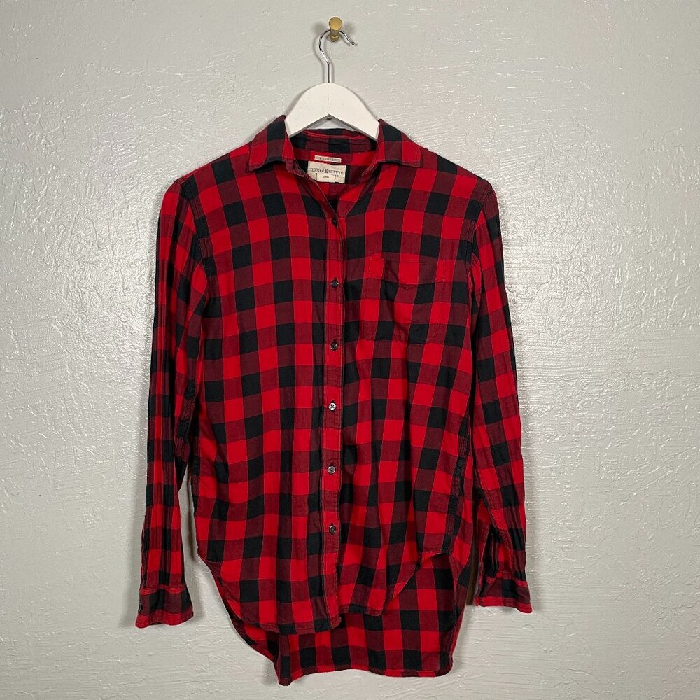 Denim & Supply Ralph Lauren Women XS Black Red Plaid Shirt Long Sleeve Boyfriend